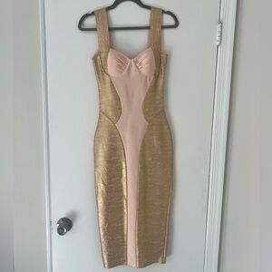 Bella Barnett Gold and Beige Bodycon Dress Small